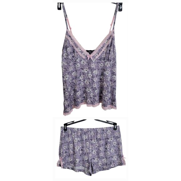 Rene Rofe' Sleepwear Cami Shorts Set Sz L New Floral Lace Trim Deep V Sleeveless - Picture 2 of 11